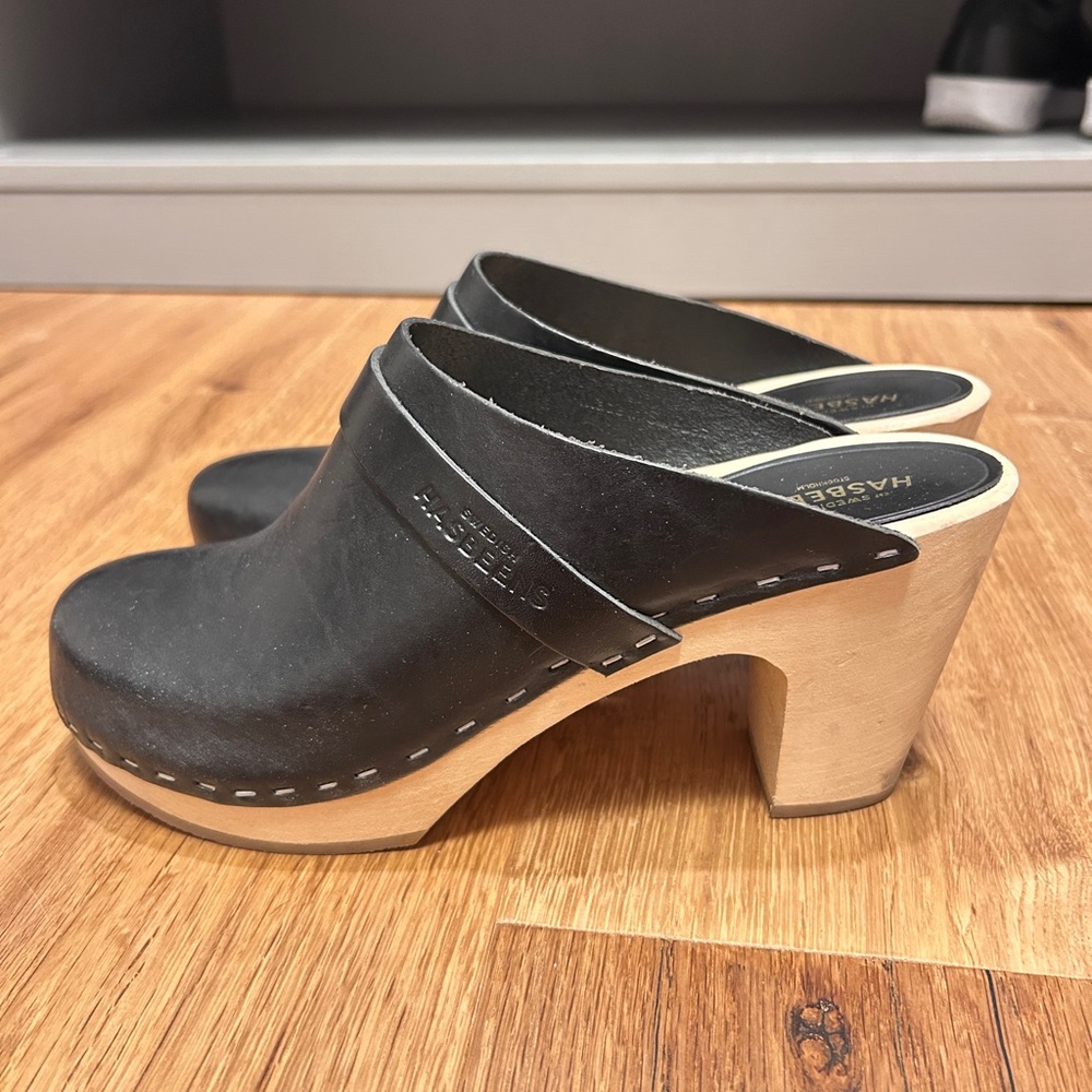 Black Leather Clogs by Swedish Hasbeens